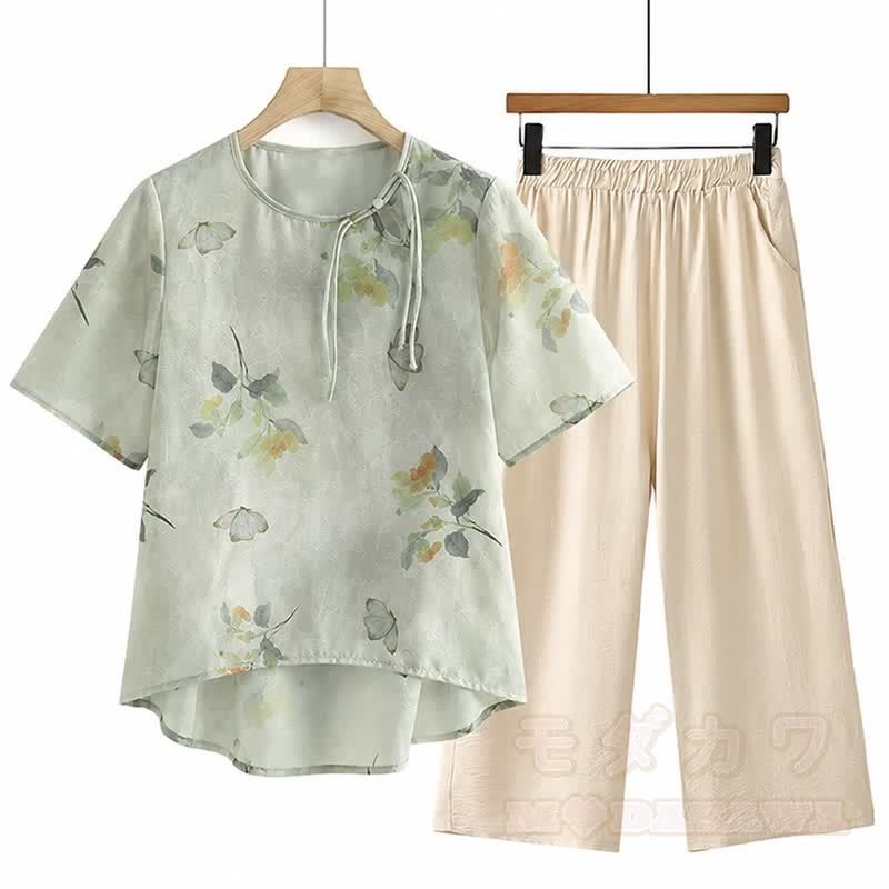 Zweiteiliges Set: Vintage-Top mit Blumenmuster und Schmetterlingsschnalle, dazu eine kurze Hose mit weitem Bein. - Grün - 5XL - image 3