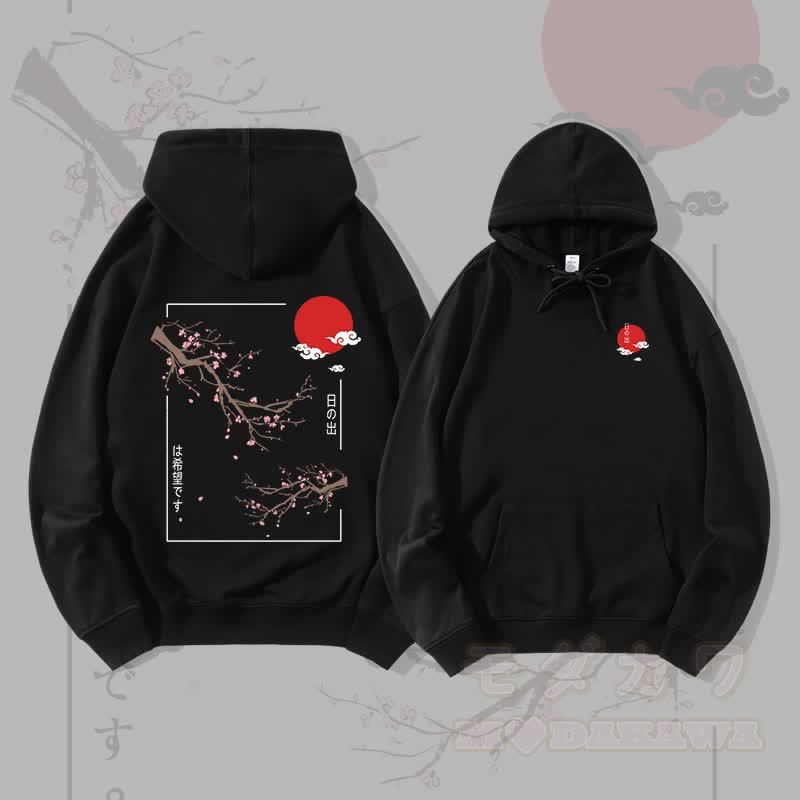 MODAKAWA Streetwear Pullover Hoodie mit Kirschblüten- und Sonnenmotiv - Schwarz - 5XL - image 3