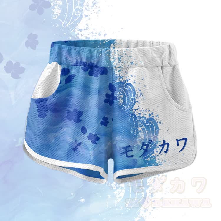 Crop-Top mit Blumenmuster, Sport-Top, Shorts, Bikini, Modakawa-Partnerlook - Blaue und weiße Shorts - 5XL - image 3