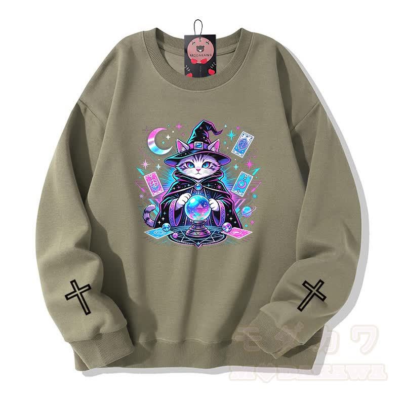 Tarot Hexe Katze Kreuz Grafik Modakawa Sweatshirt - Hellkhaki - 5XL - image 6