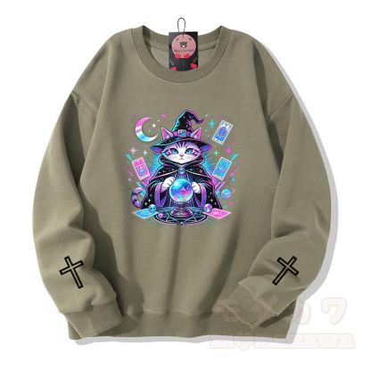 Tarot Hexe Katze Kreuz Grafik Modakawa Sweatshirt - Hellkhaki - 5XL - image 6