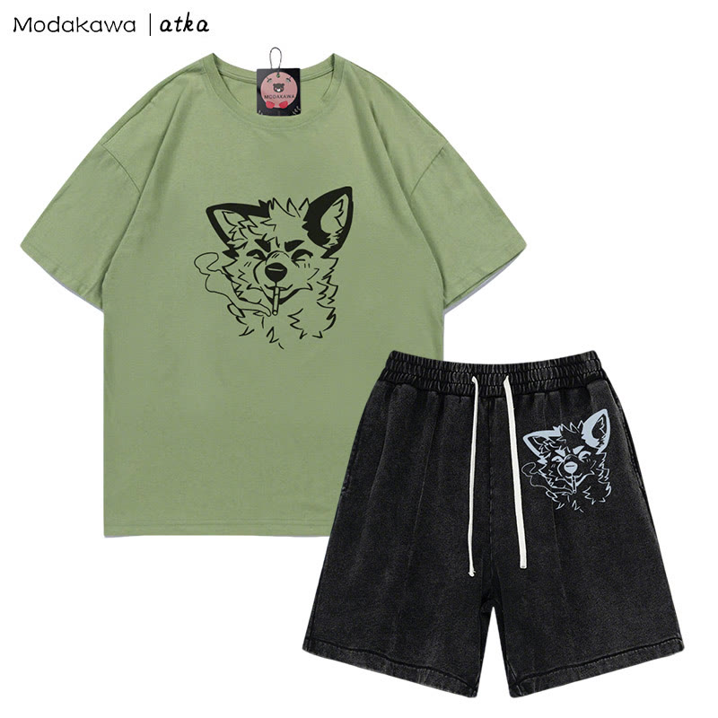 MODAKAWA X atka Fox Smoking Graphic T-Shirt Vintage Washed Shorts Zweiteiliges Set - Green&Black - 3XL - image 9