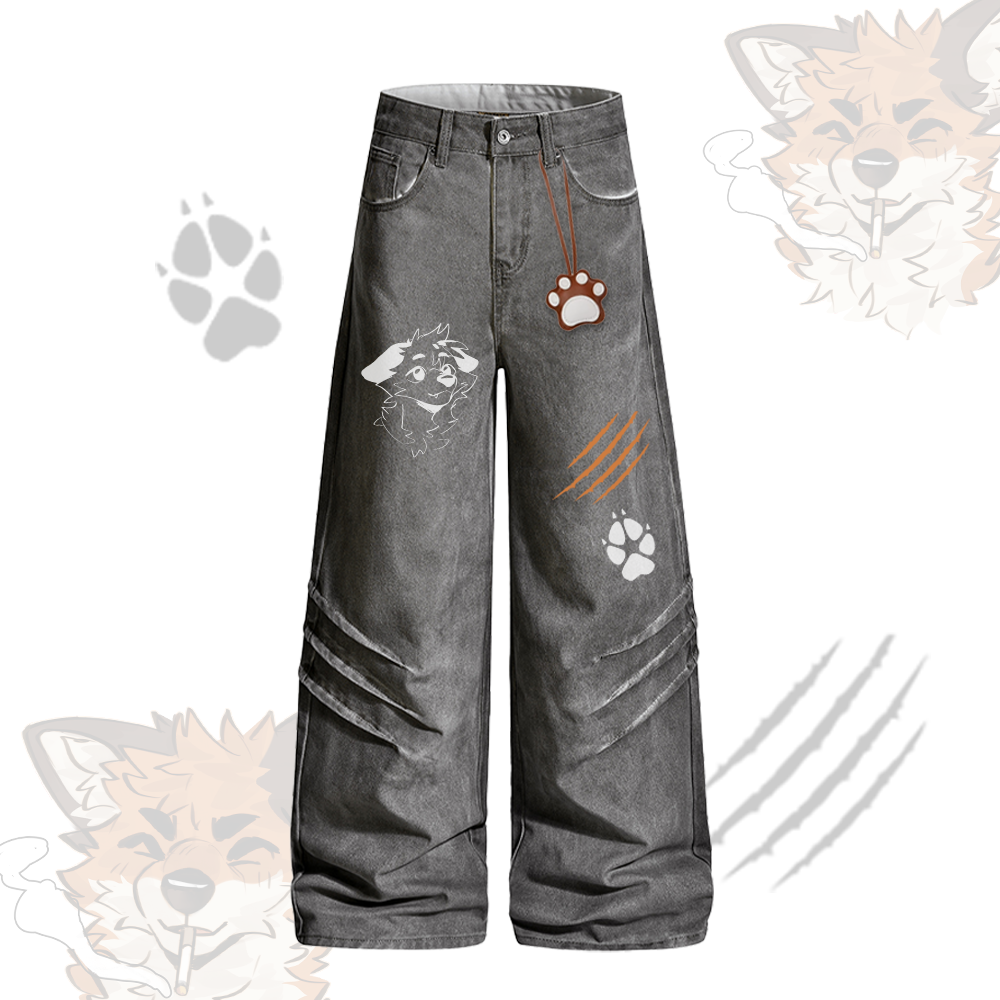 MODAKAWA X atka Smoking Fox Graphic Vintage Washed 100% Cotton T-Shirt Denim Pants Matching Outfit - Grey Pants - 2XL - image 7