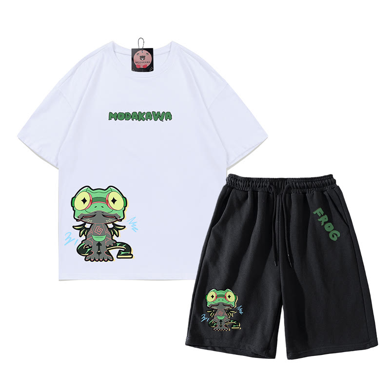 Lustiges T-Shirt mit Frosch-Grafik und dunkler Ästhetik, zweiteiliges Set - Weiß&Schwarz - B - 5XL - image 11