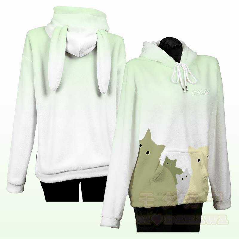 MODAKAWA Gradient Cat Crowd Grafik-Plüschhoodie mit Hasenohren - Grün - 4XL - image 3