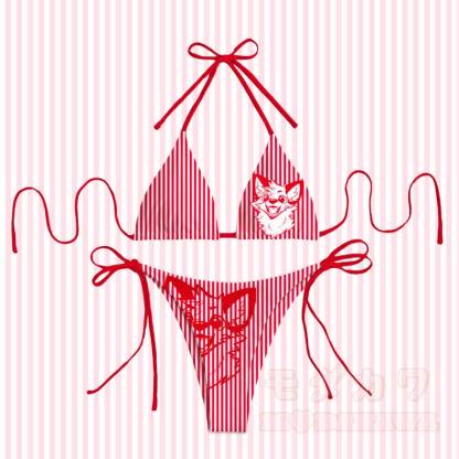 MODAKAWA X atka Happy Fox Graphic Damen-Bikini-Set mit Streifenmuster und Bindebändern, zweiteilig - Rot - 4XL - image 8