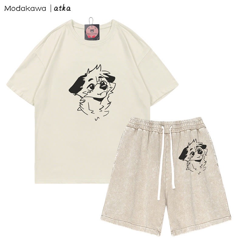 MODAKAWA X atka T-Shirt mit Anticipating Fox-Grafik und verwaschenen Vintage-Shorts, zweiteiliges Set - Beige - 3XL - image 4