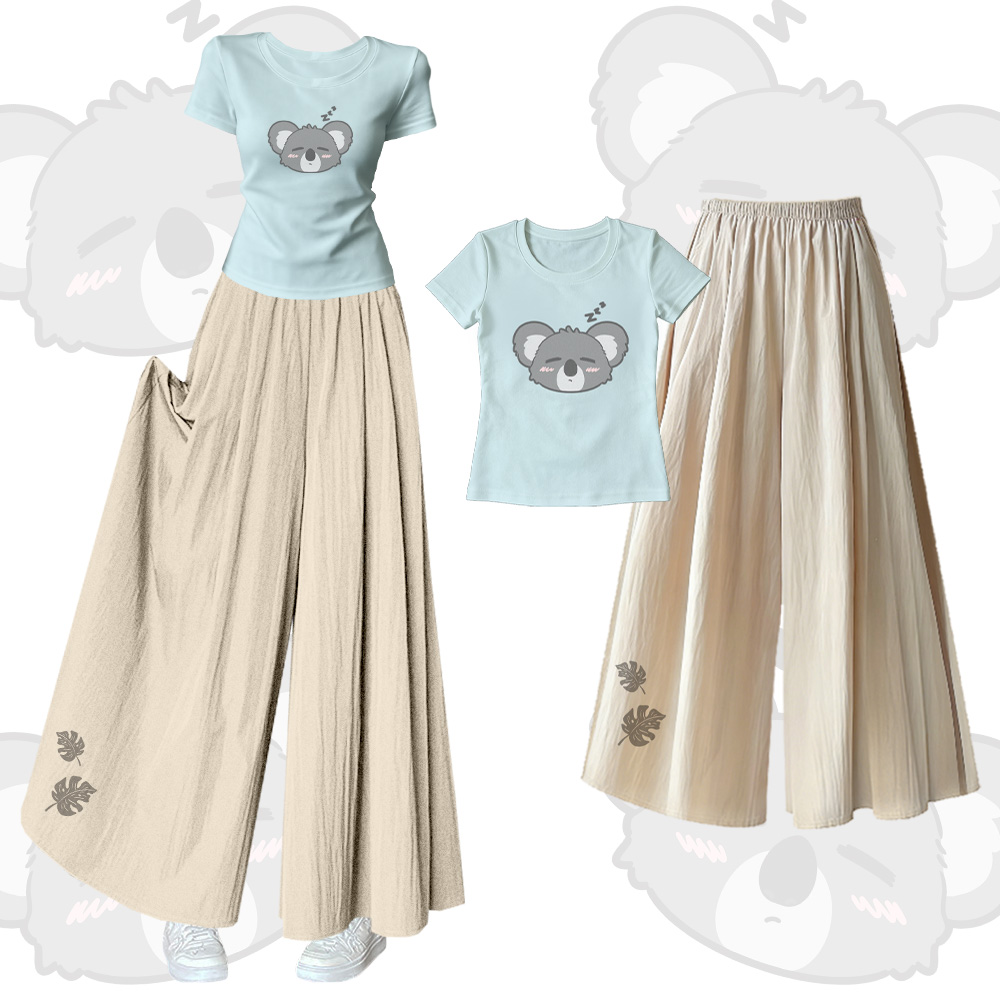 Koala-Grafik-T-Shirt mit U-Ausschnitt, weite Hose, passendes Outfit von Modakawa - Set B - XL - image 2