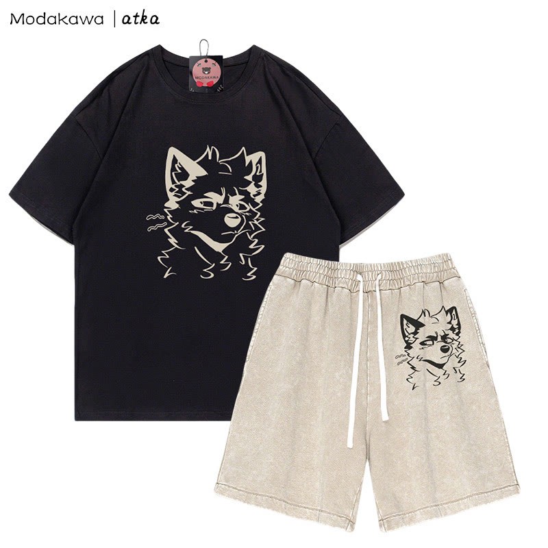 MODAKAWA X atka Cheeky Fox Grafik-T-Shirt Vintage Washed Shorts Zweiteiliges Set - Black&Apricot - 3XL - image 6