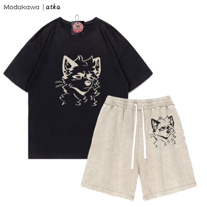 MODAKAWA X atka Cheeky Fox Grafik-T-Shirt Vintage Washed Shorts Zweiteiliges Set - Black&Apricot - 3XL - image 6