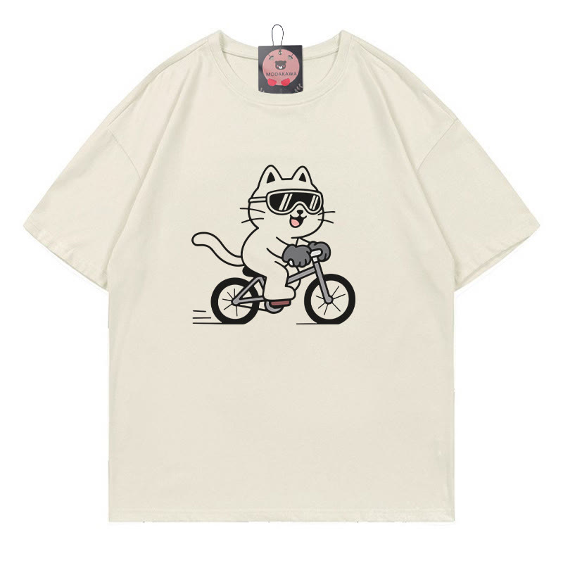 Fahrrad-Kätzchen-Print-T-Shirt - Beige - 5XL - image 3