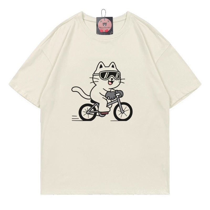 Fahrrad-Kätzchen-Print-T-Shirt - Beige - 5XL - image 3