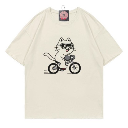 Fahrrad-Kätzchen-Print-T-Shirt - Beige - 5XL - image 3