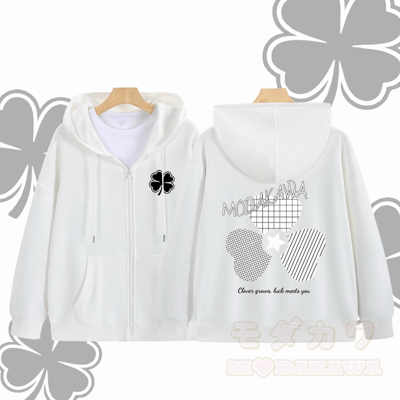 MODAKAWA Karierter Kapuzenpullover mit dreifachem Kleeblatt-Motiv und Reißverschluss - Weiß - 5XL - image 3
