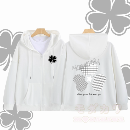 MODAKAWA Karierter Kapuzenpullover mit dreifachem Kleeblatt-Motiv und Reißverschluss - Weiß - 5XL - image 3