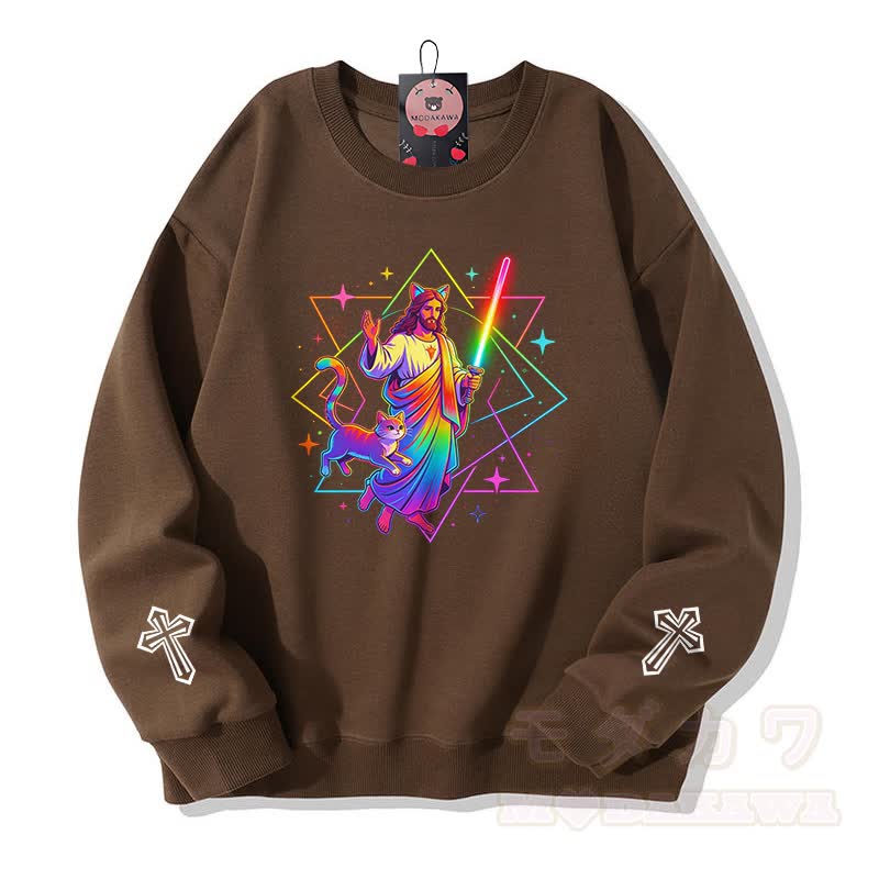 Modakawa Sweatshirt mit Regenbogen-Gebetskatzen-Kreuz-Grafik - Braun - 5XL - image 5