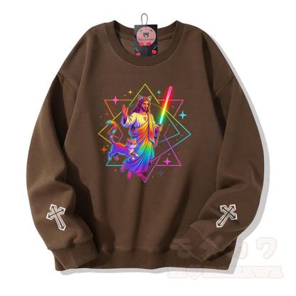 Modakawa Sweatshirt mit Regenbogen-Gebetskatzen-Kreuz-Grafik - Braun - 5XL - image 5