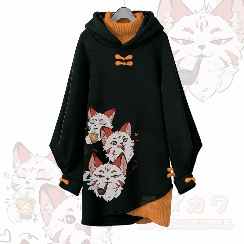 Smoking Red Fox Graphic Modakawa Buckle Vintage Hooded Sweatshirt Dress - Orange - 3XL - image 3
