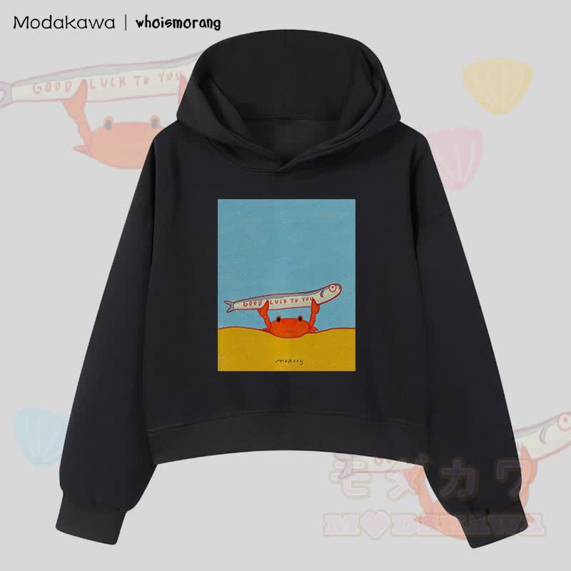 MODAKAWA X whoismorang GOOD LUCK TO YOU – Kurzer Baumwoll-Hoodie mit Krabbenmotiv und Fischmotiv - Schwarz - 3XL - image 4