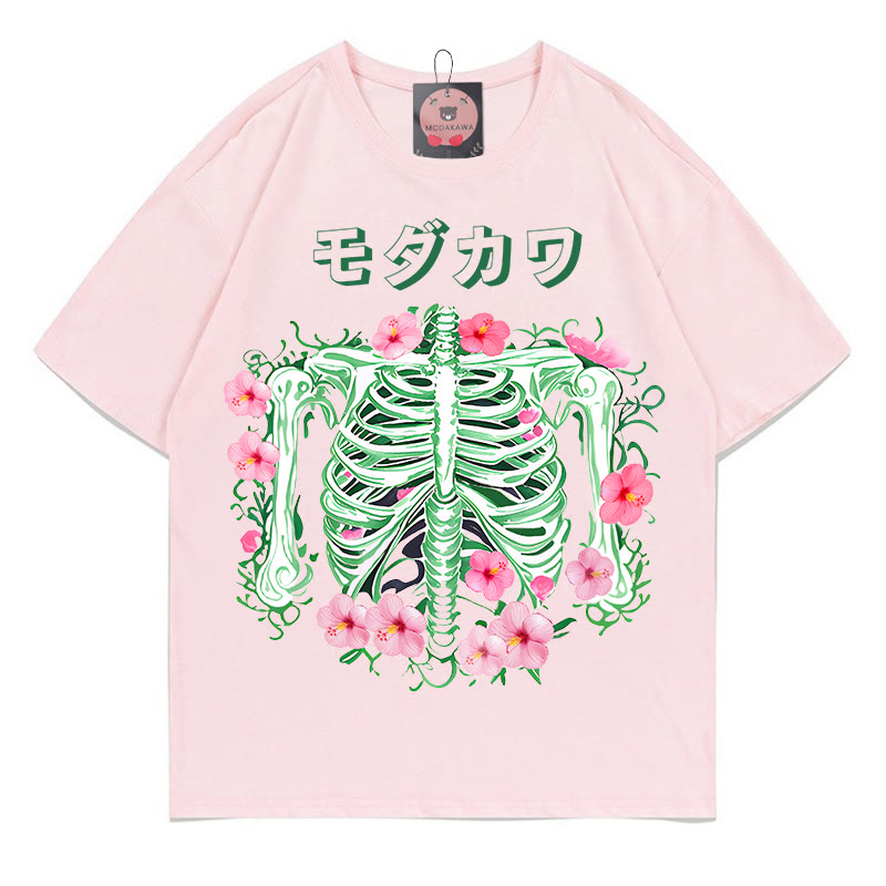 Modakawa T-Shirt mit Skelett-Blumen-Buchstabenprint - Pink - 5XL - image 4