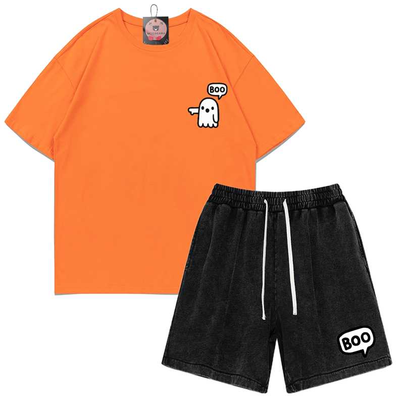 Zweiteiliges Set mit T-Shirt und Vintage-Waschung im Ghost-Print - Orange&Schwarz - 3XL - image 8