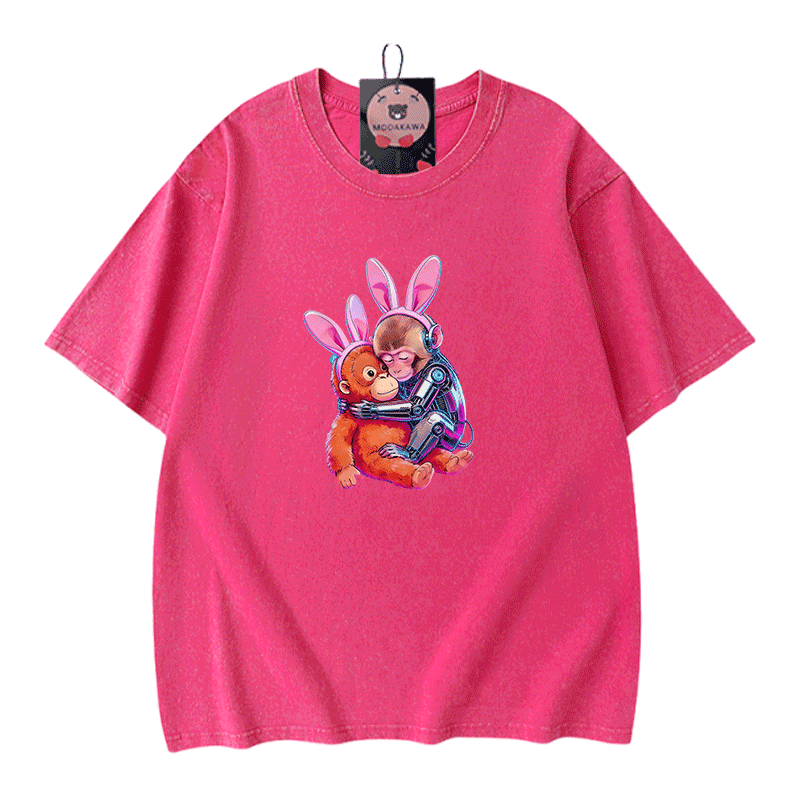 Modakawa Vintage T-Shirt mit Cyber-Affen-Motiv, gewaschen aus 100 % Baumwolle - Rose Red - 5XL - image 5
