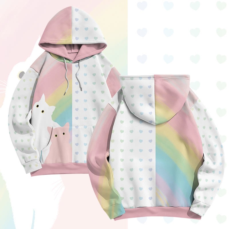 MODAKAWA Pullover-Hoodie mit Allover-Print und Katzenherz-Grafik - Pink&White - 8XL - image 4