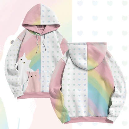 MODAKAWA Pullover-Hoodie mit Allover-Print und Katzenherz-Grafik - Pink&White - 8XL - image 4