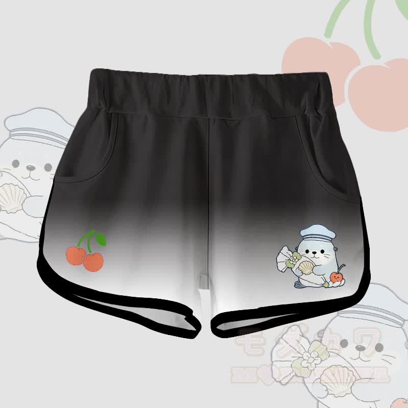 Modakawa Zweiteiler-Set: Niedliches T-Shirt mit Seehundmotiv aus 100 % Baumwolle, Shorts mit Farbverlauf - Schwarze Shorts - 5XL - image 5