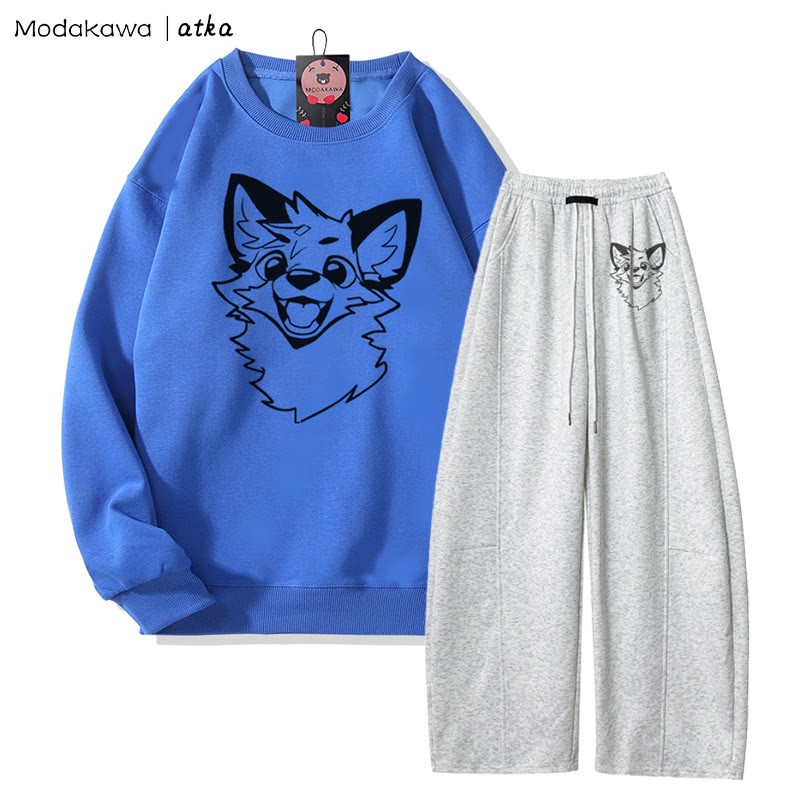 MODAKAWA X atka Verspieltes Fuchs-Grafik-Sweatshirt, weite Hose, zweiteiliges Set - Blue&Grey - 5XL - image 6