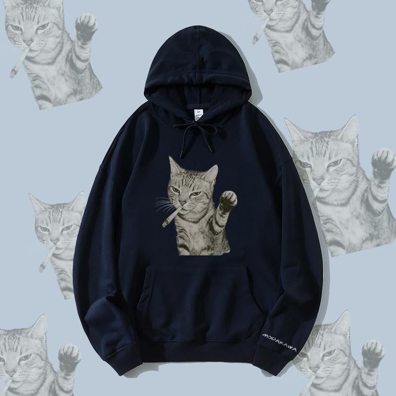 MODAKAWA Smoking Cat Grafik Baumwollmischung Streetwear Pullover Hoodie - Purplish Blue - 5XL - image 3