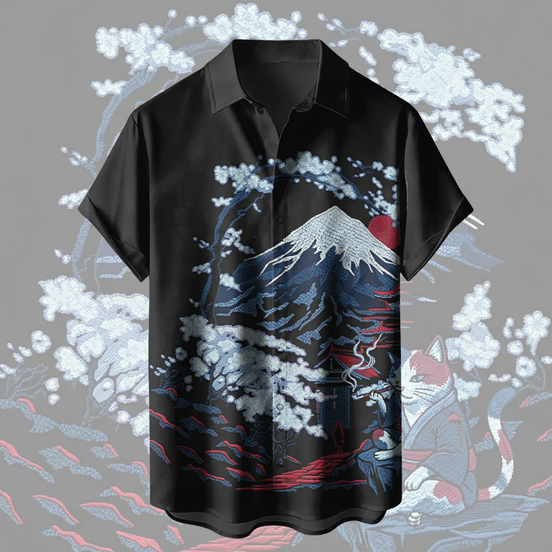 Modakawa Kimono-Hemd mit rauchender Katze und schneebedeckten Bergen - Black & Red - 5XL - image 2