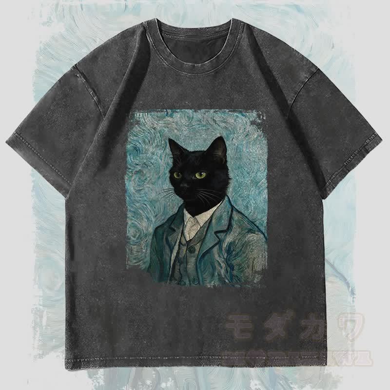 MODAKAWA Gentleman Schwarze Katze Grafik Unisex Vintage Washed T-Shirt - Schwarz - 4XL - image 3