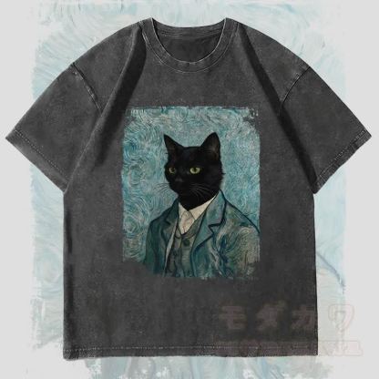 MODAKAWA Gentleman Schwarze Katze Grafik Unisex Vintage Washed T-Shirt - Schwarz - 4XL - image 3