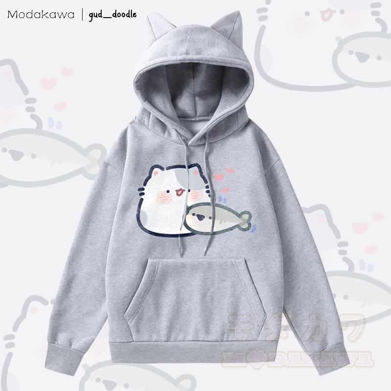 MODAKAWA x gud_doodle Kapuzenpullover mit Katzenohren und Katzenmotiven (mit Katzen- und Fischmotiv) - Grau - 2XL - image 3