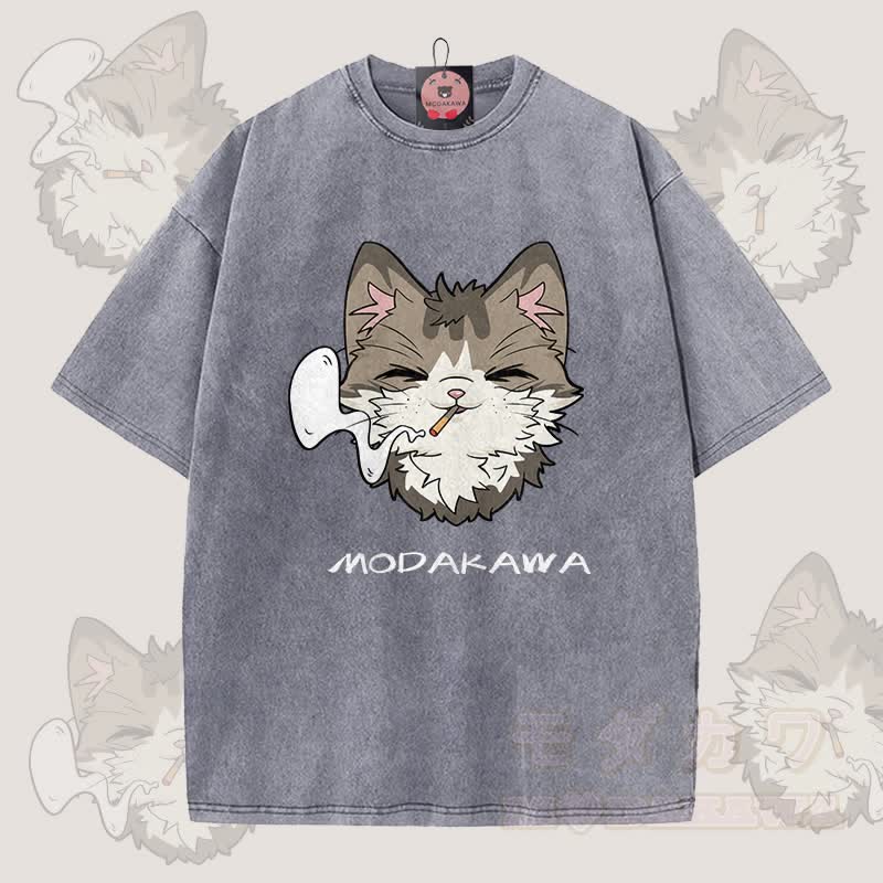 MODAKAWA Smoking Cat Grafik Unisex Vintage Washed T-Shirt - Grau - 5XL - image 5