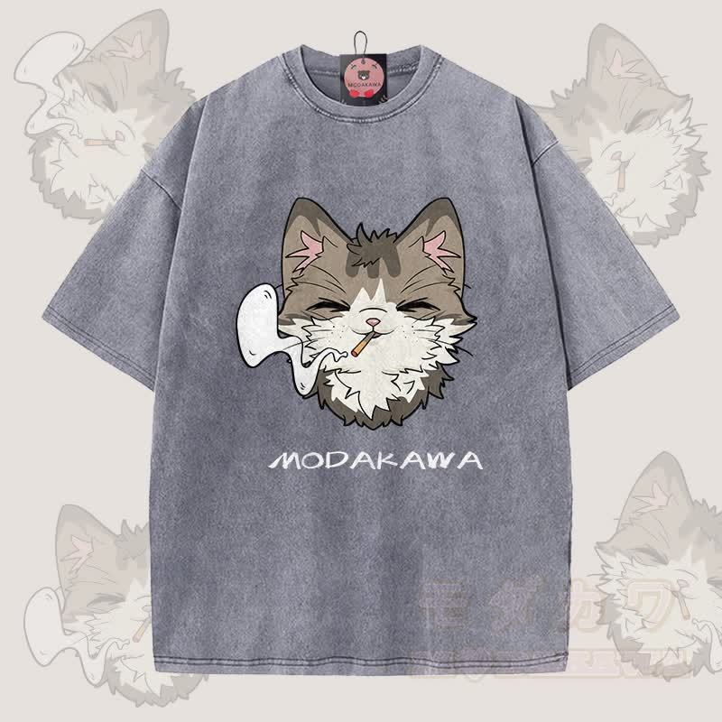 MODAKAWA Smoking Cat Grafik Unisex Vintage Washed T-Shirt - Grau - 5XL - image 5