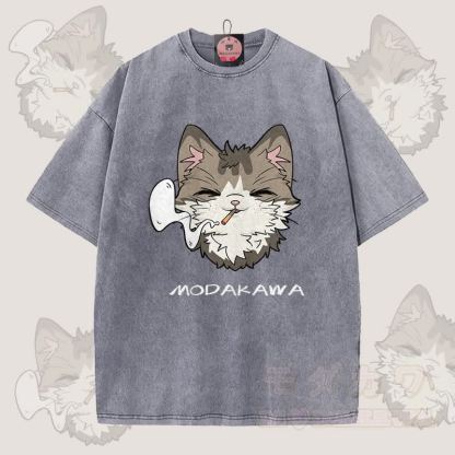 MODAKAWA Smoking Cat Grafik Unisex Vintage Washed T-Shirt - Grau - 5XL - image 5