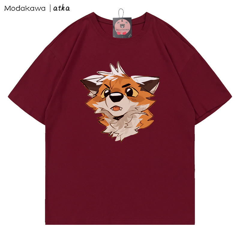 MODAKAWA X atka Surprised Fox Grafik-T-Shirt - Wine Red - 5XL - image 6