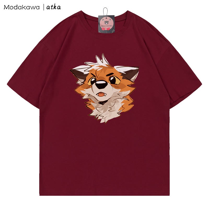 MODAKAWA X atka Surprised Fox Grafik-T-Shirt - Wine Red - 5XL - image 6