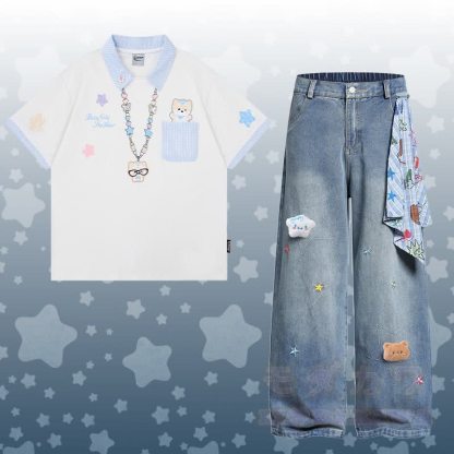 Polo-Shirt mit Welpenmotiv, Sternen-Jeans, Modakawa-Partnerlook - Satz D - XL - image 8