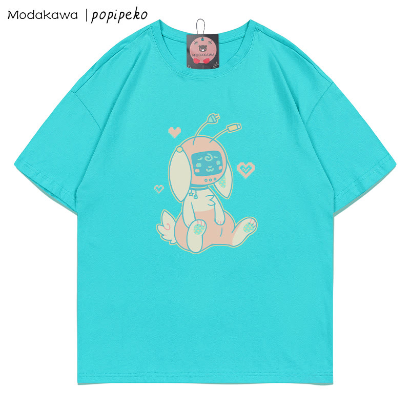 MODAKAWA X popipeko Robot Bunny Print T-Shirt - Tiffany Blue - 5XL - image 3