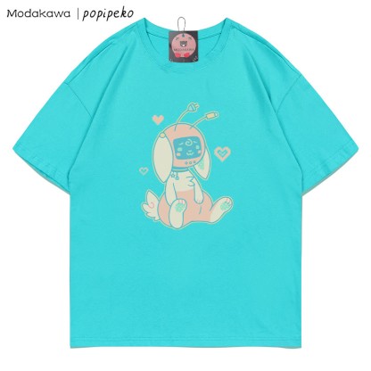 MODAKAWA X popipeko Robot Bunny Print T-Shirt - Tiffany Blue - 5XL - image 3