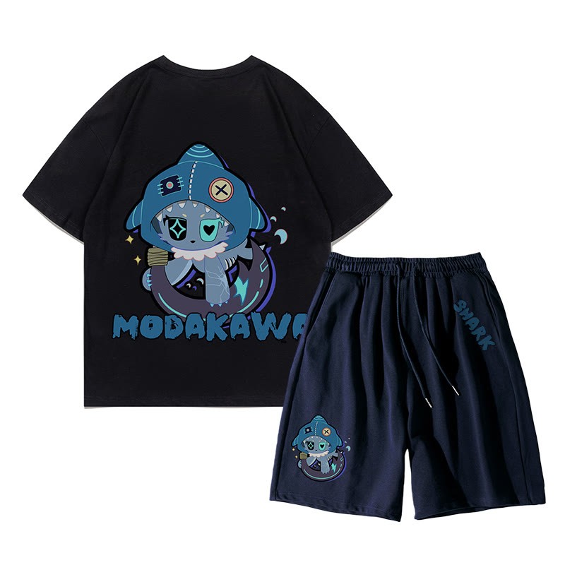 Verspieltes T-Shirt-Shorts-Set mit Hai-Grafik in dunkler Ästhetik, zweiteilig - Schwarz & Violettblau - C - 5XL - image 15