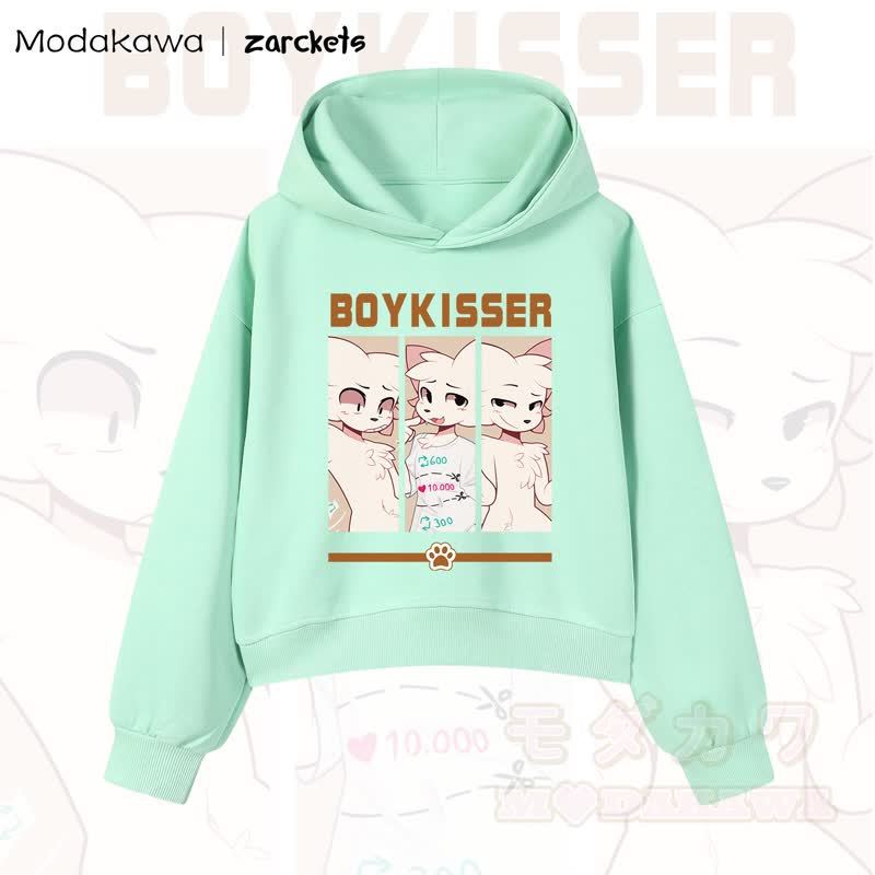 MODAKAWA X zarckets BOYKISSER Cropped Cotton Hoodie mit Katzenmotiv - Grün - 3XL - image 9