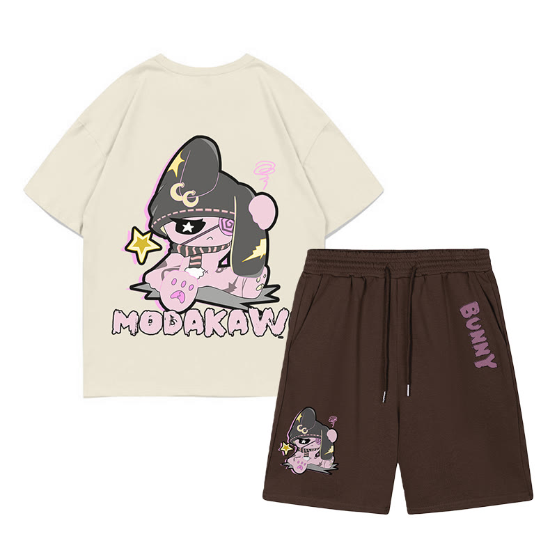 Unhappy Bunny Grafik Dunkle Ästhetik T-Shirt Shorts Zweiteiliges Set - Beige&Braun - C - 5XL - image 3