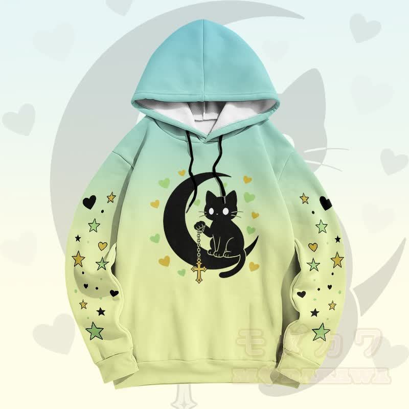 Modakawa Pullover-Hoodie mit Farbverlauf, schwarzer Katze und Mond-Grafik - Grün - 6XL - image 7