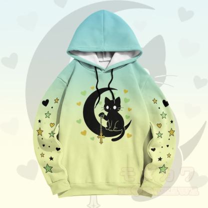 Modakawa Pullover-Hoodie mit Farbverlauf, schwarzer Katze und Mond-Grafik - Grün - 6XL - image 7
