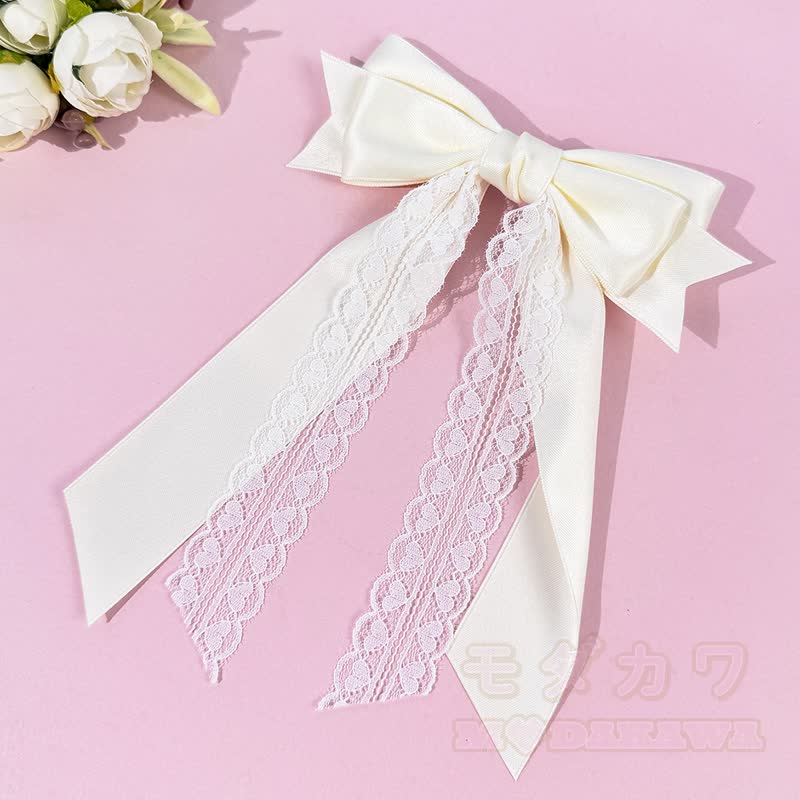 Süßes Mädchen Haarspange aus Spitze, Satin, langem Bänder und Schleife - Beige - image 7