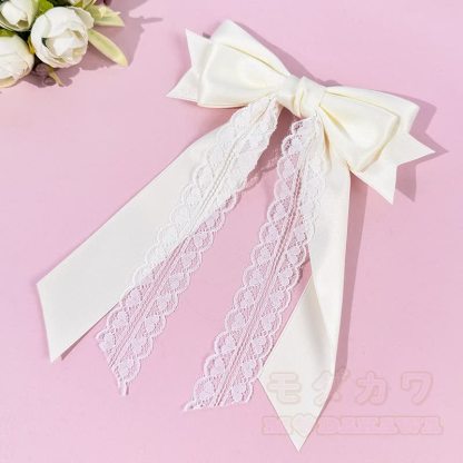 Süßes Mädchen Haarspange aus Spitze, Satin, langem Bänder und Schleife - Beige - image 7